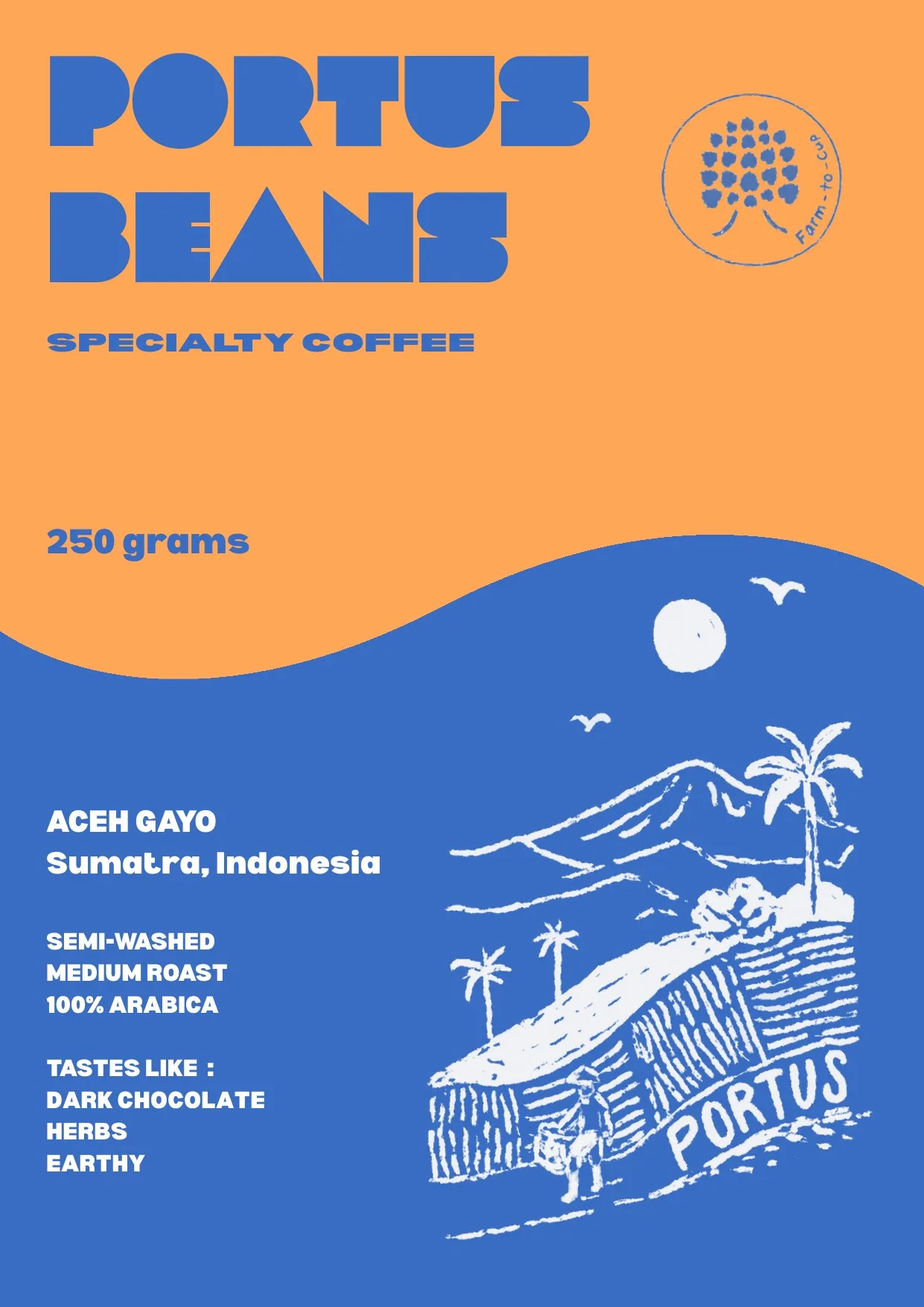 Portus Beans Aceh Gayo bag label, orange and blue with a hand drawn hillside