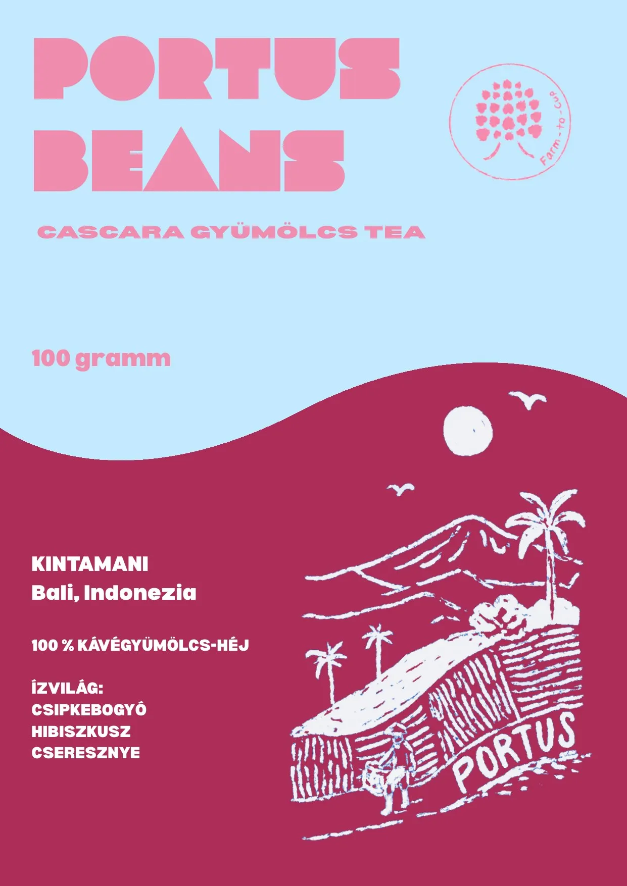 Portus Beans cascara tea címke, világoskék és bordó, kézzel rajzolt domboldallal